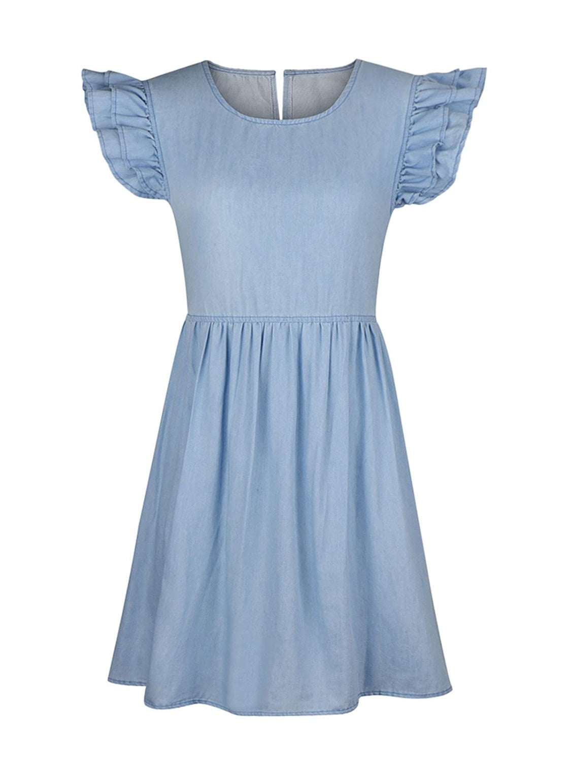 Full Size Ruffled Round Neck Cap Sleeve Denim Dress - RebelReine Apparel & Co.