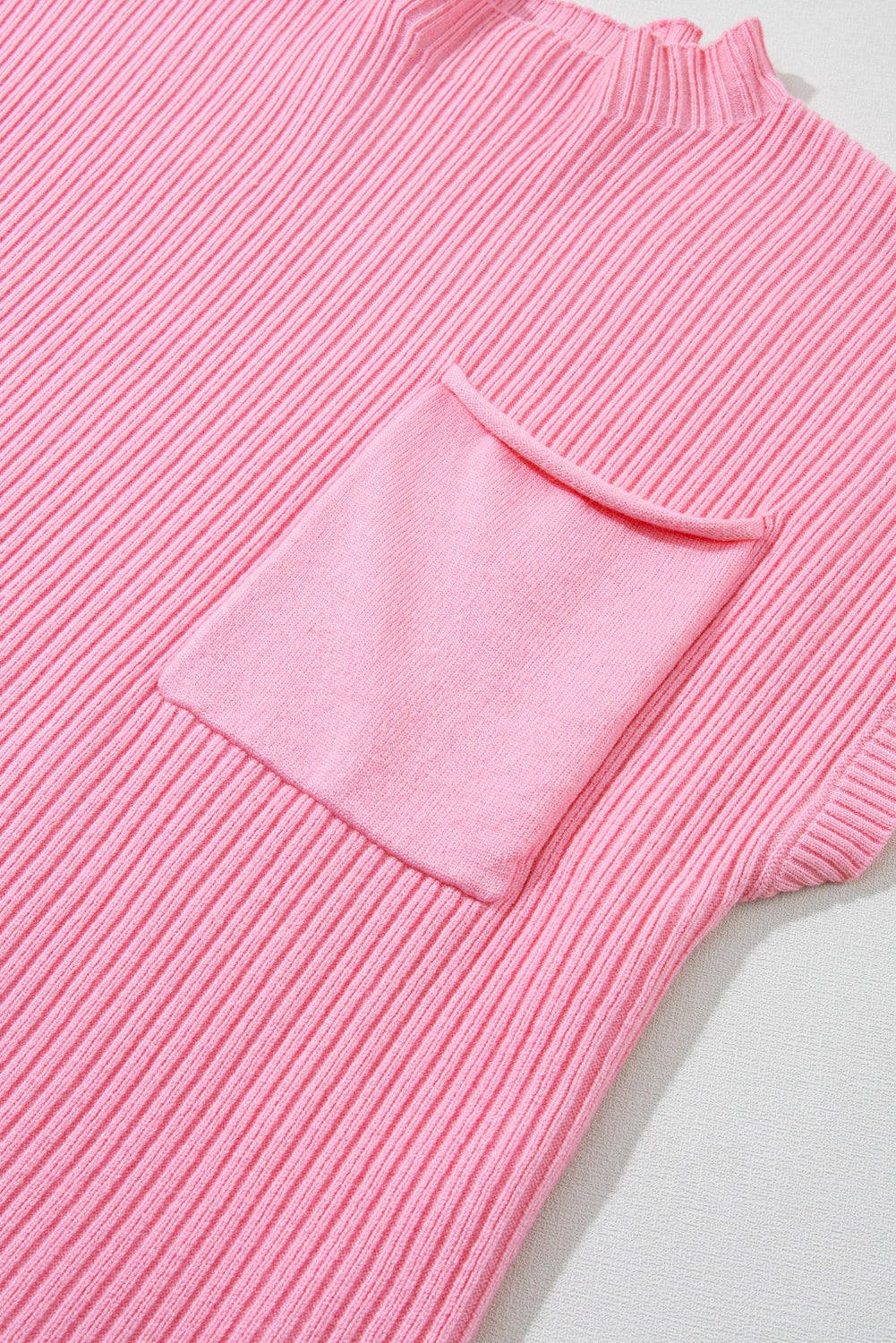 Pink Patch Pocket Ribbed Knit Short Sleeve Sweater - RebelReine Apparel & Co.