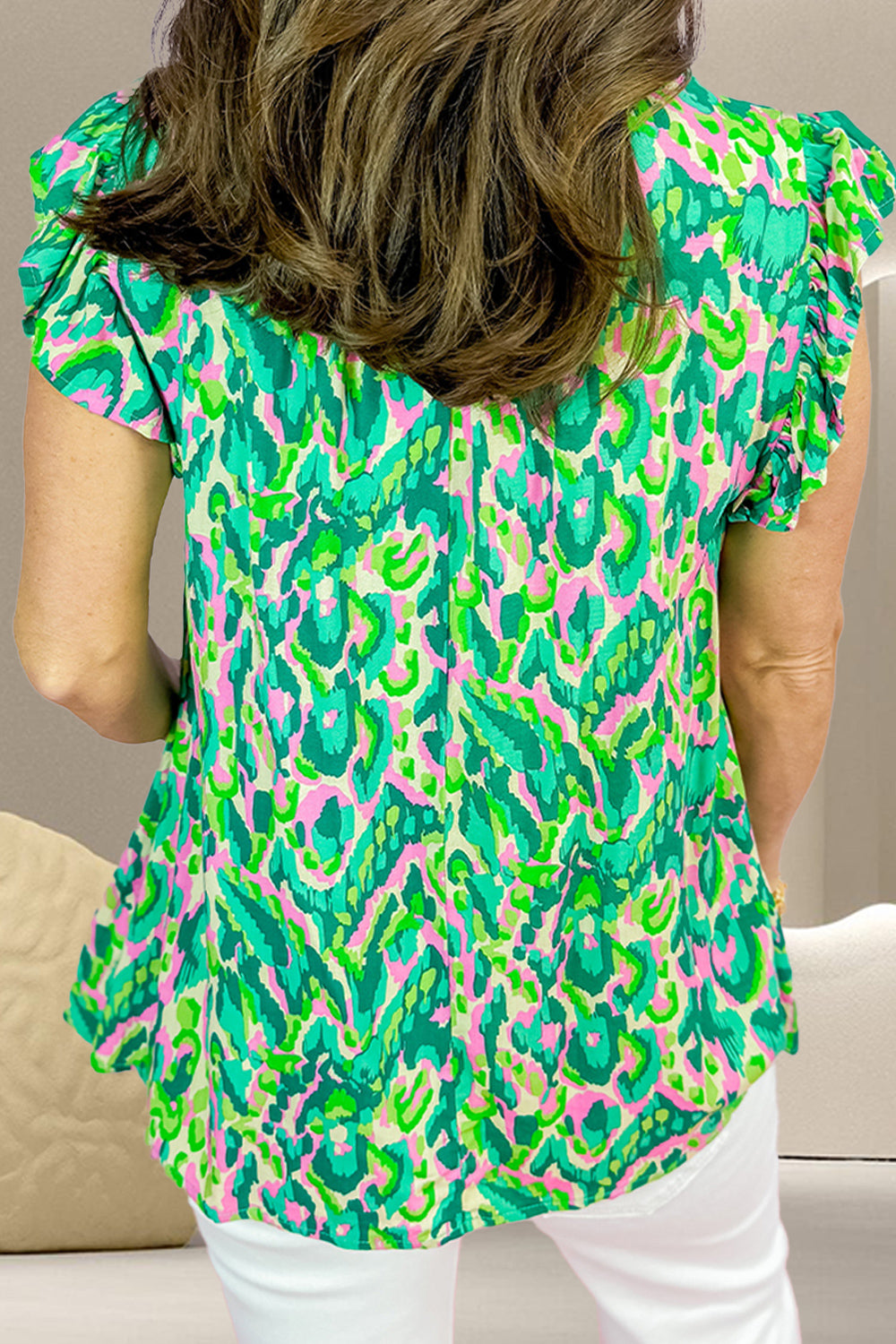 Ruffled Printed Tie Neck Cap Sleeve Blouse - RebelReine Apparel & Co.