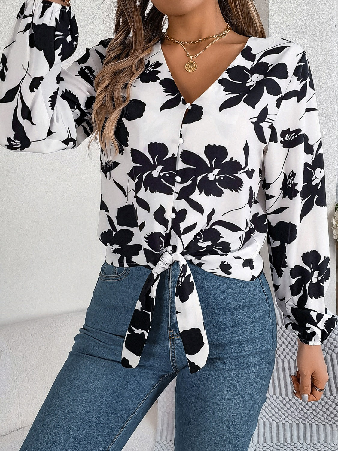 Printed V-Neck Long Sleeve Blouse - RebelReine Apparel & Co.