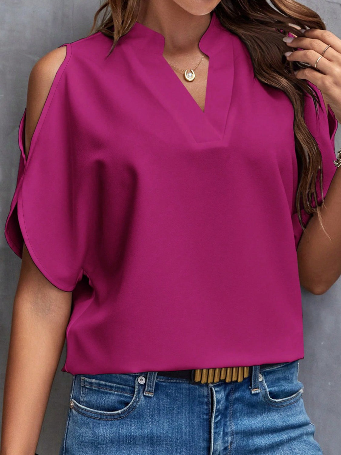 Notched Cold Shoulder Blouse - RebelReine Apparel & Co.