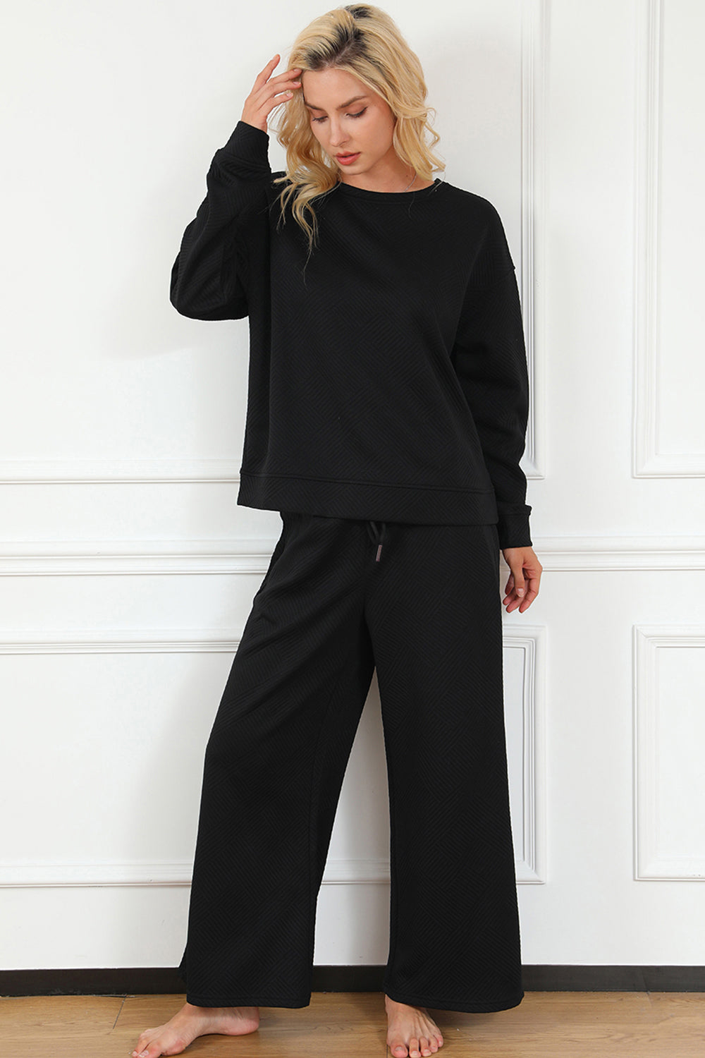 Double Take Full Size Textured Long Sleeve Top and Drawstring Pants Set - RebelReine Apparel & Co.