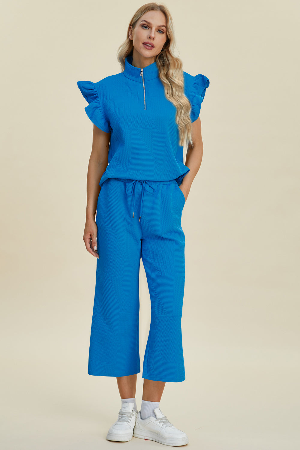 Double Take Full Size Texture Ruffle Short Sleeve Top and Wide Leg Pants Set - RebelReine Apparel & Co.