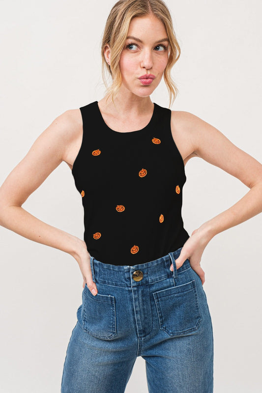 And The Why Jack O' Lantern Embroidered Ribbed Tank