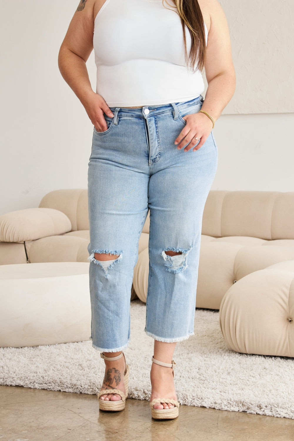 RFM Full Size Tummy Control High Waist Raw Hem Distressed Jeans - RebelReine Apparel & Co.