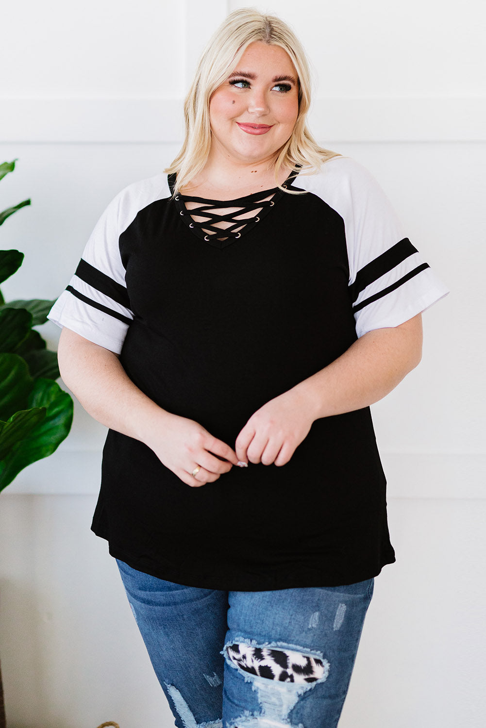 Plus Size Contrast Crisscross Tee Shirt - RebelReine Apparel & Co.