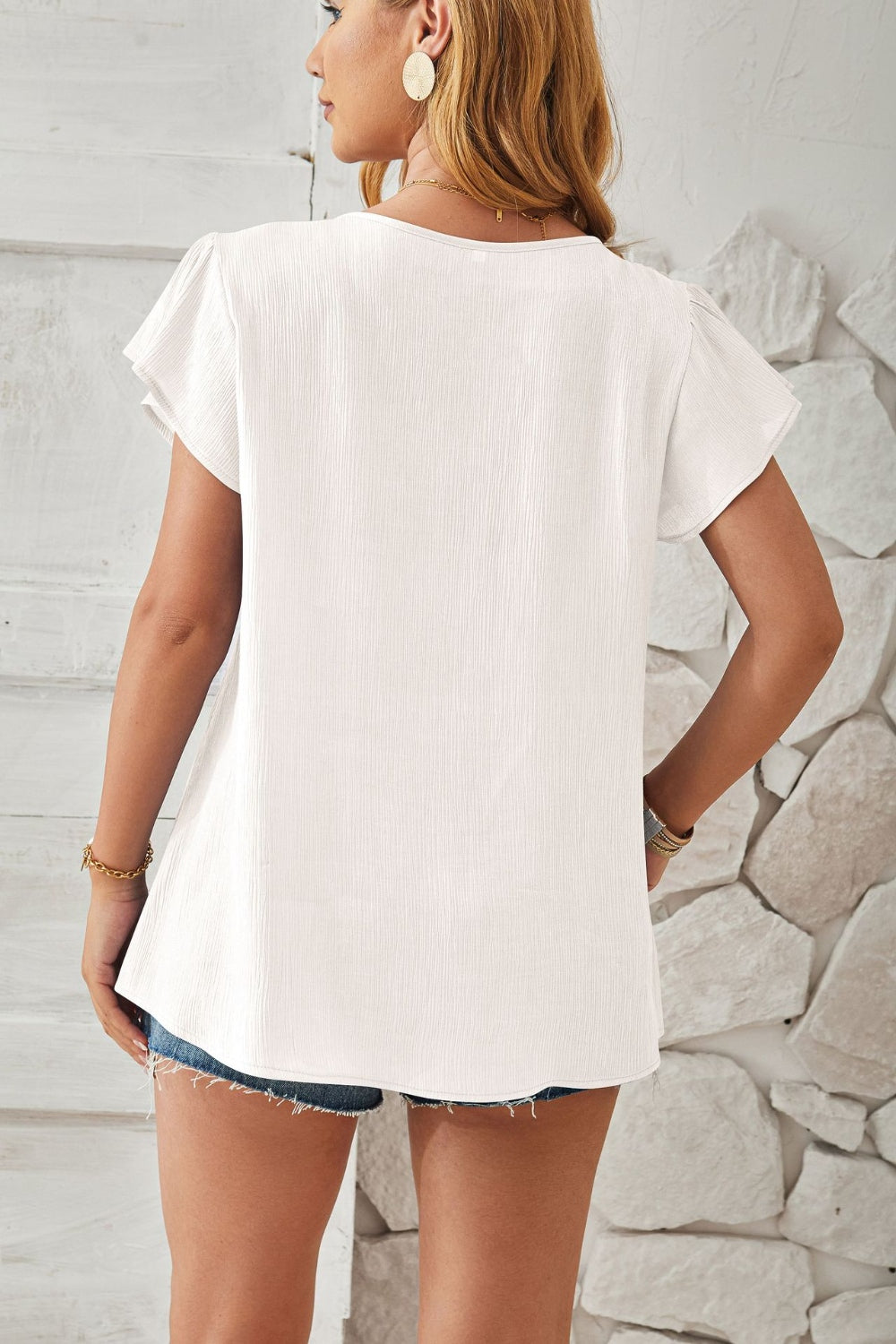 Ruched V-Neck Flounce Sleeve Blouse - RebelReine Apparel & Co.