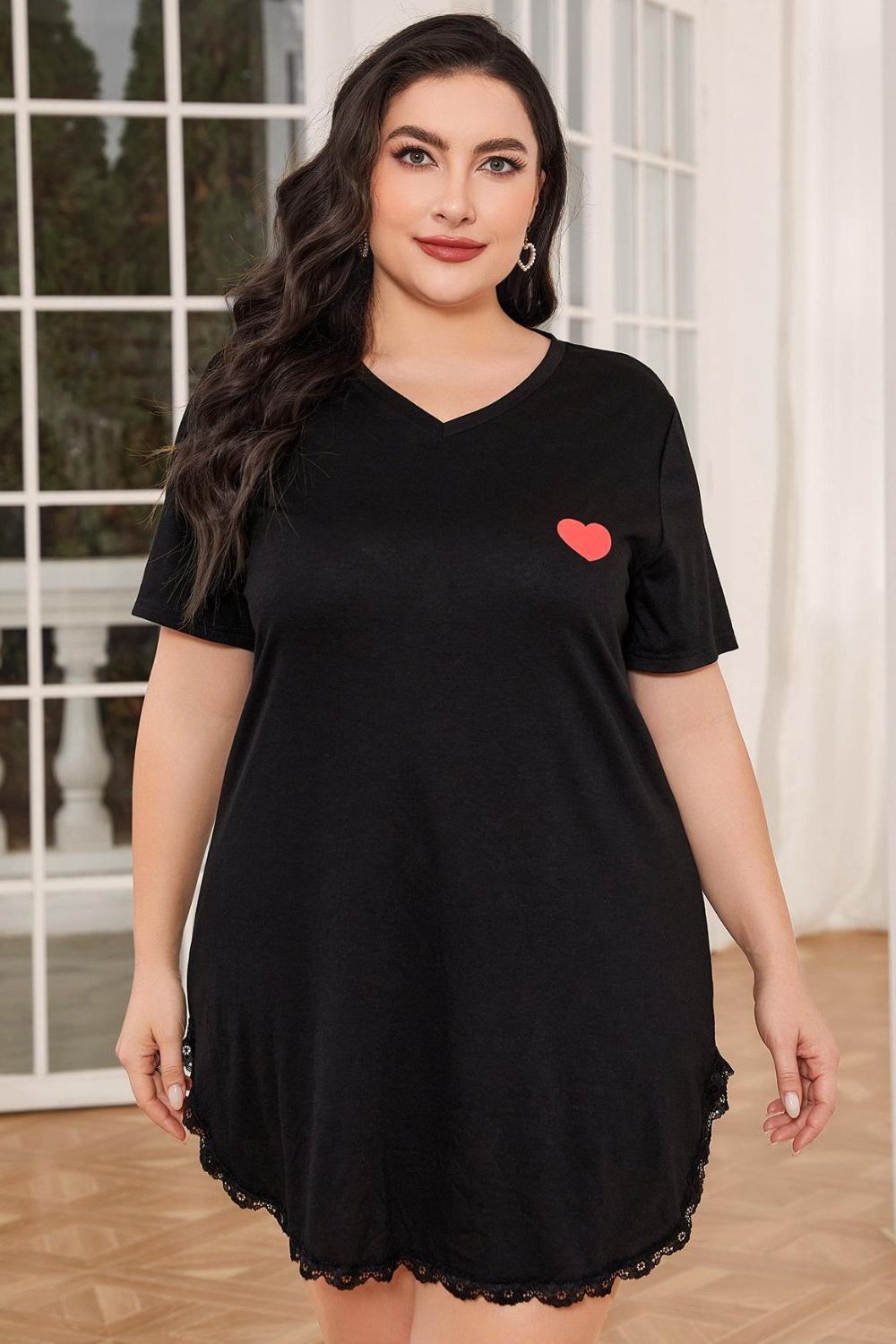 Plus Size Lace Trim V-Neck Short Sleeve Night Dress - RebelReine Apparel & Co.