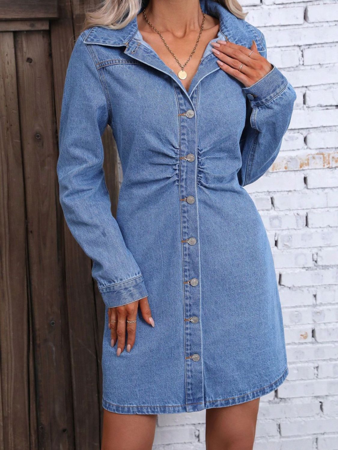 Ruched Button Up Long Sleeve Denim Dress - RebelReine Apparel & Co.