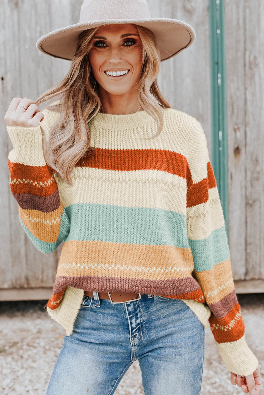 Crew Neck Drop-shoulder Striped Color Block Sweater - RebelReine Apparel & Co.