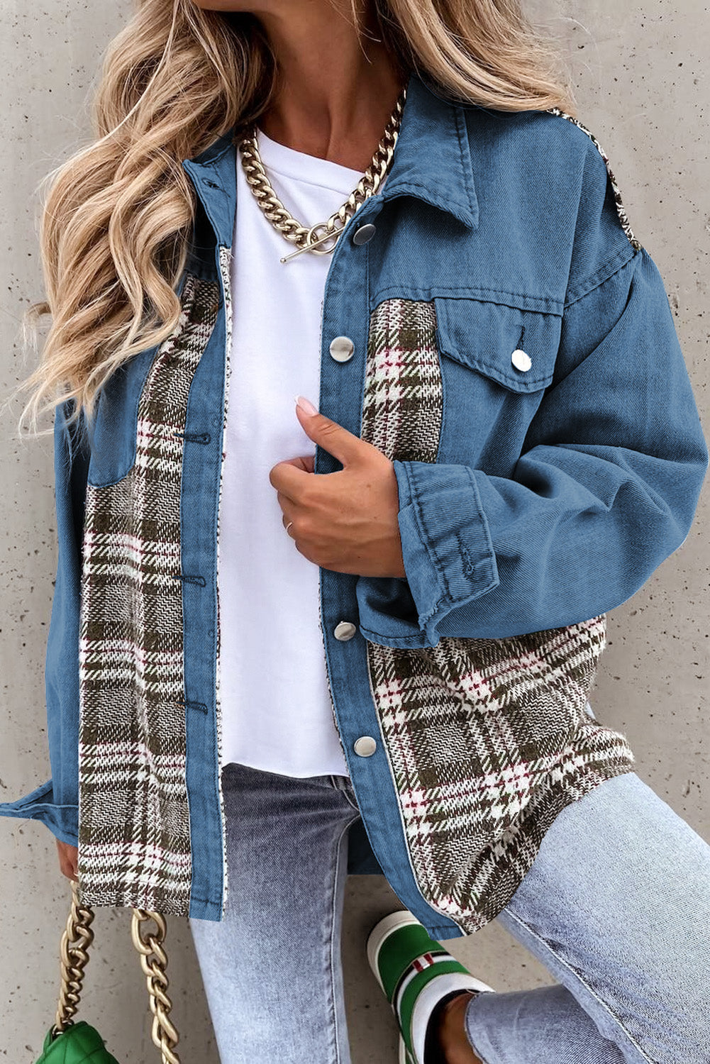 Plaid Pocketed Button Up Denim Jacket - RebelReine Apparel & Co.