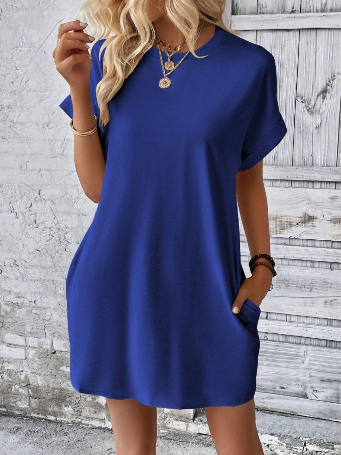 Pocketed Round Neck Short Sleeve Dress - RebelReine Apparel & Co.