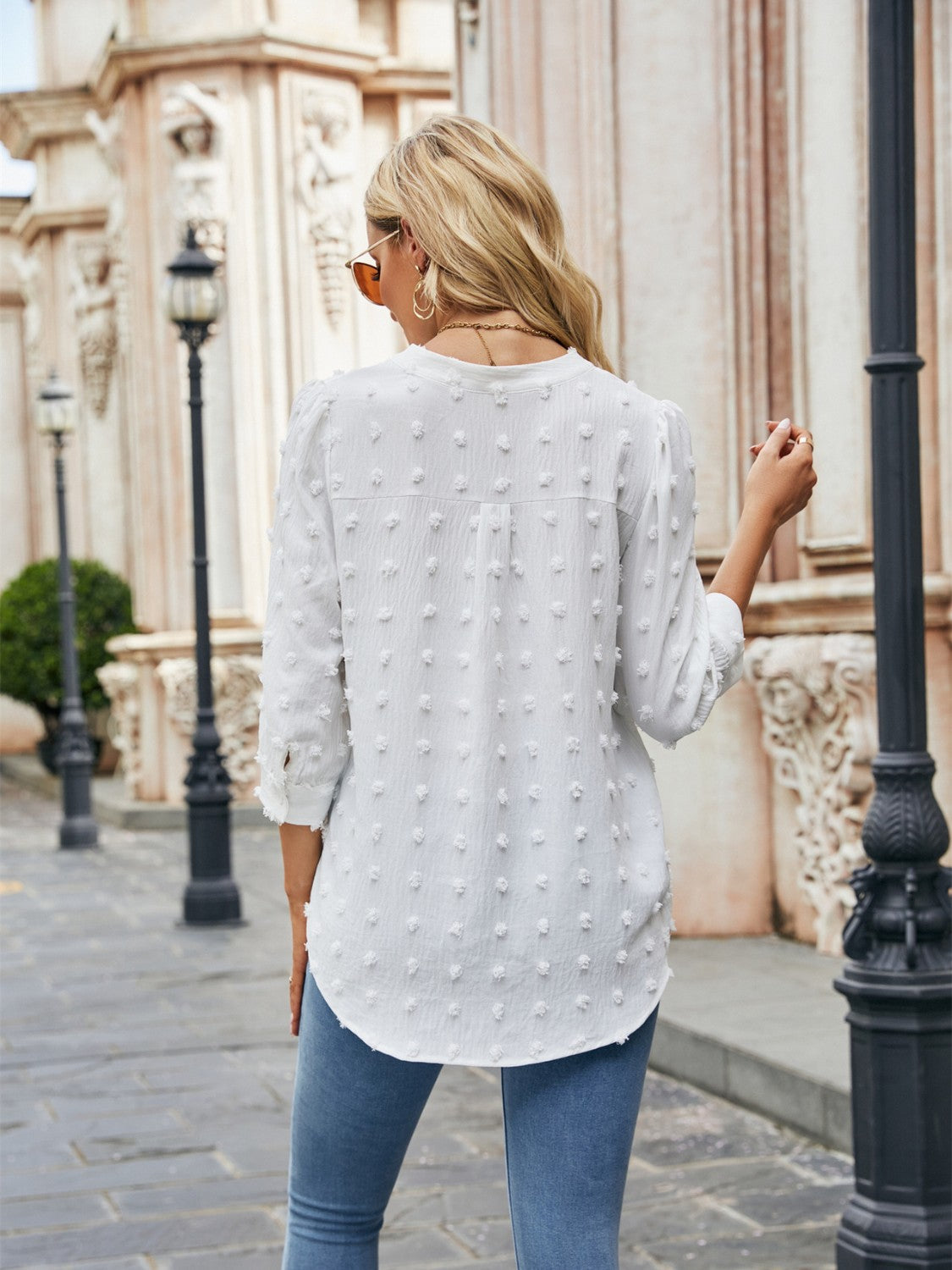 Swiss Dot Notched Neck Blouse - RebelReine Apparel & Co.