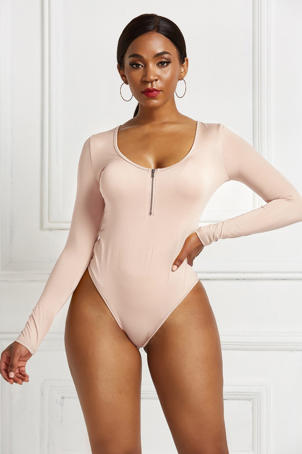 Half Zip Scoop Neck Long Sleeve Bodysuit Trendsi