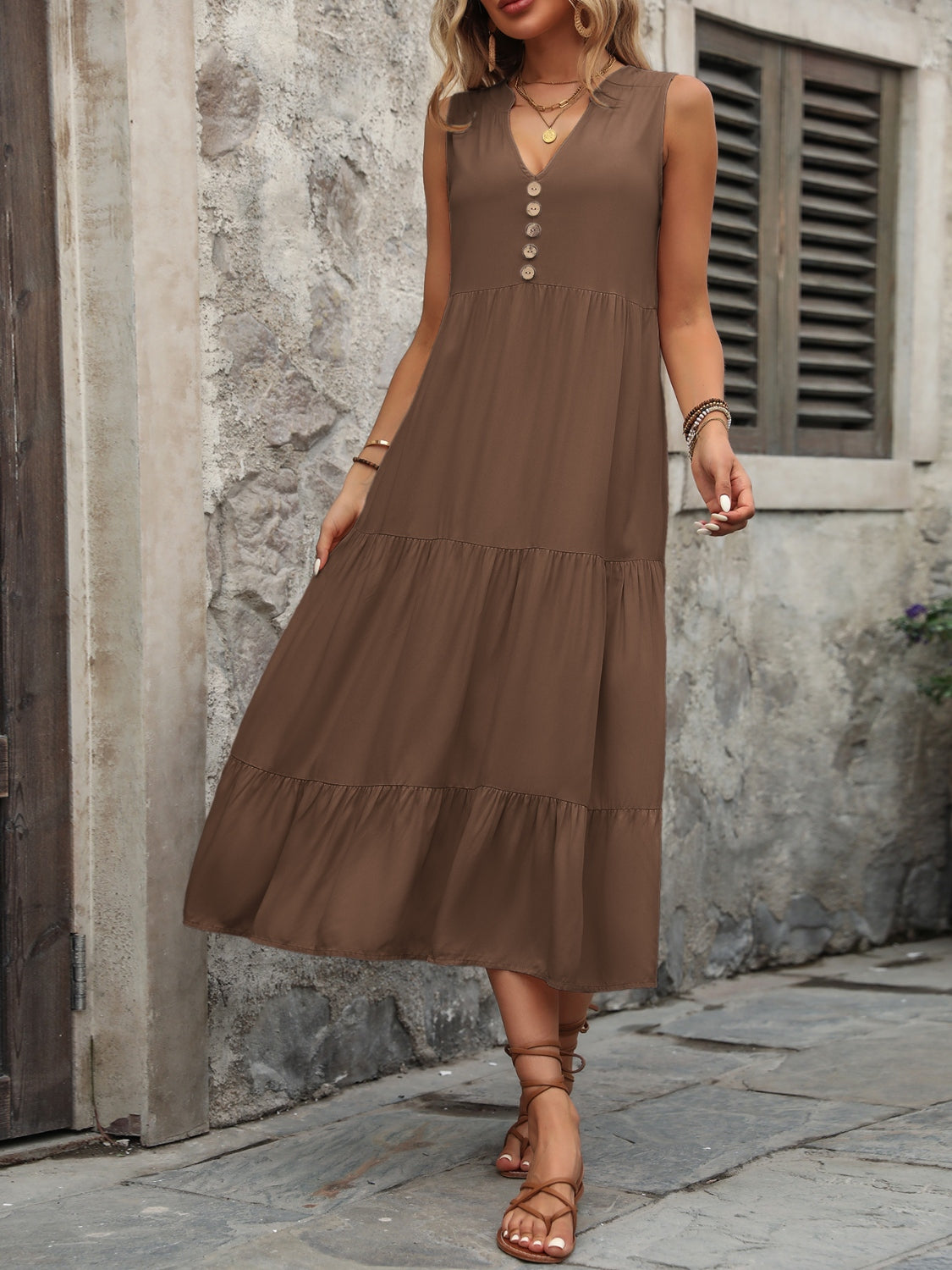 Decorative Button Notched Sleeveless Dress