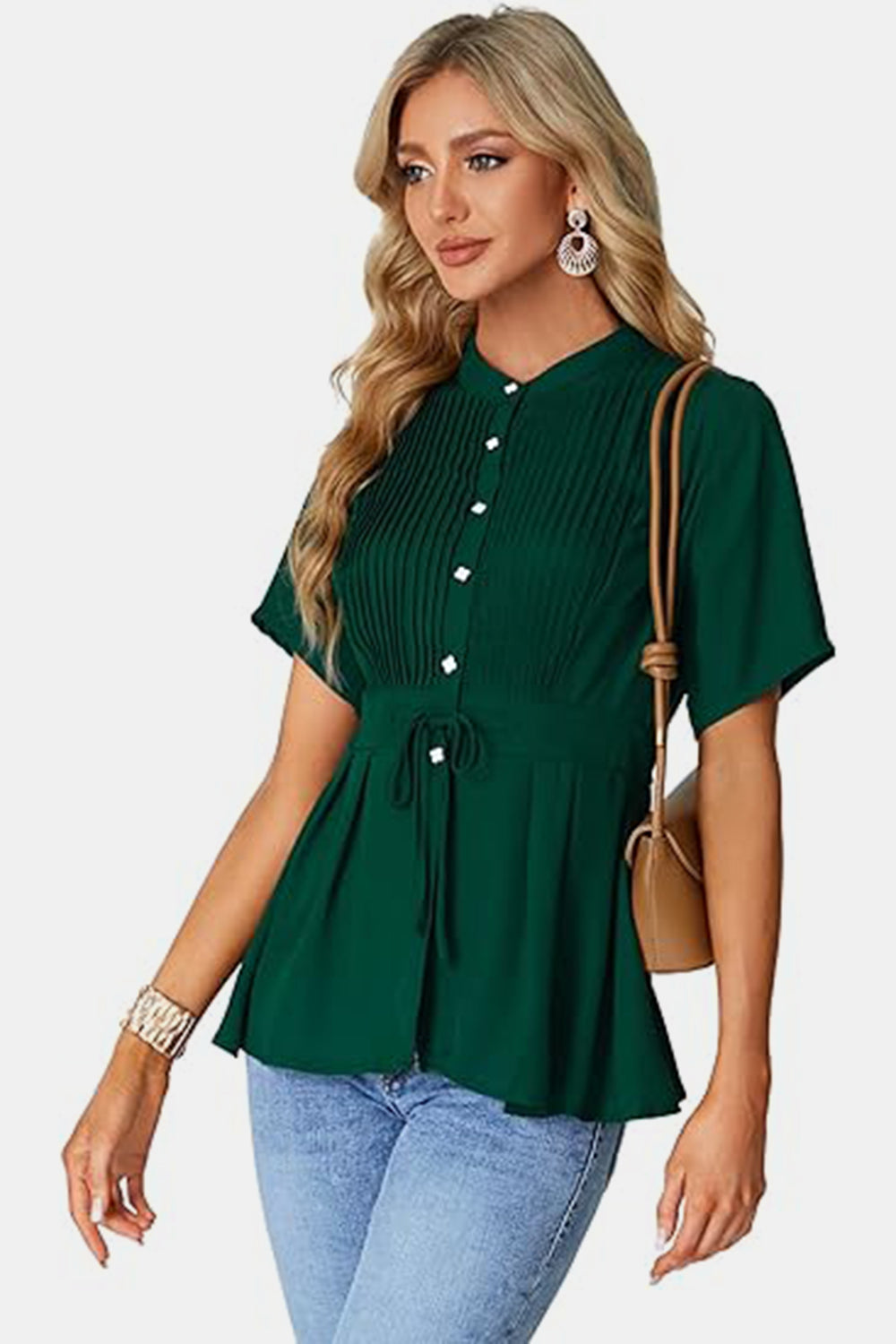 Tied Round Neck Short Sleeve Blouse - RebelReine Apparel & Co.