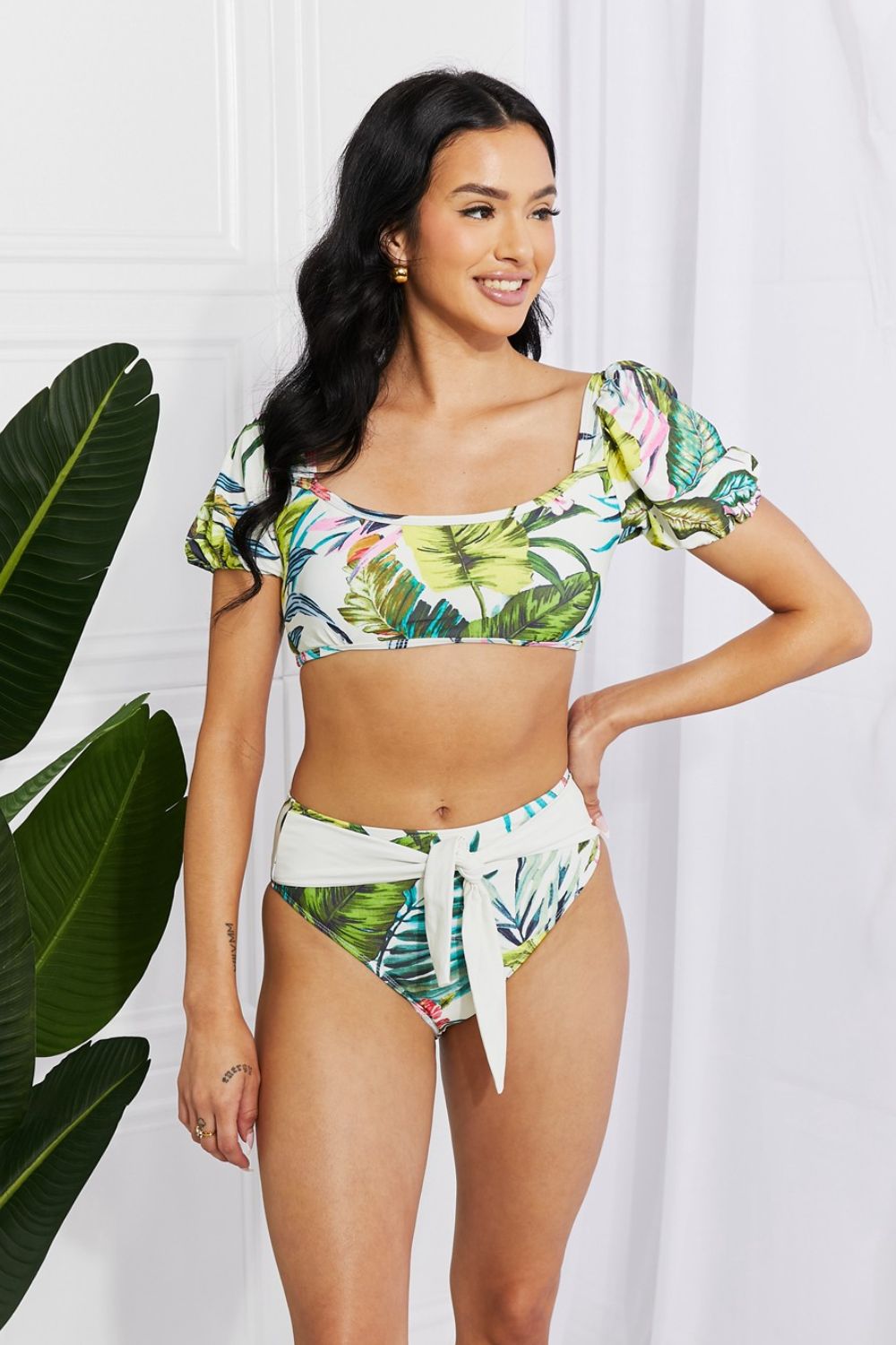 Marina West Swim Vacay Ready Puff Sleeve Bikini in Floral - RebelReine Apparel & Co.