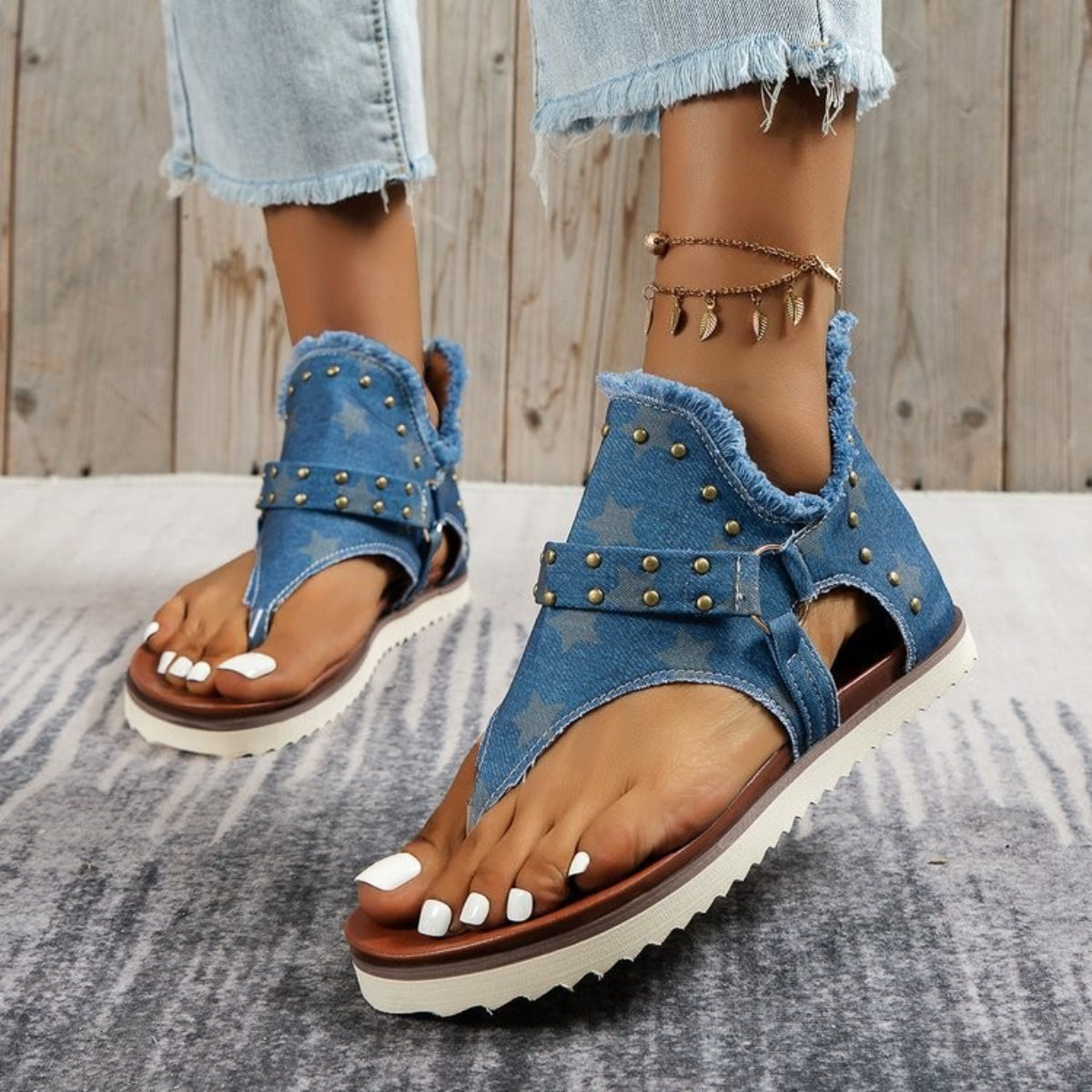 Studded Raw Hem Flat Sandals - RebelReine Apparel & Co.