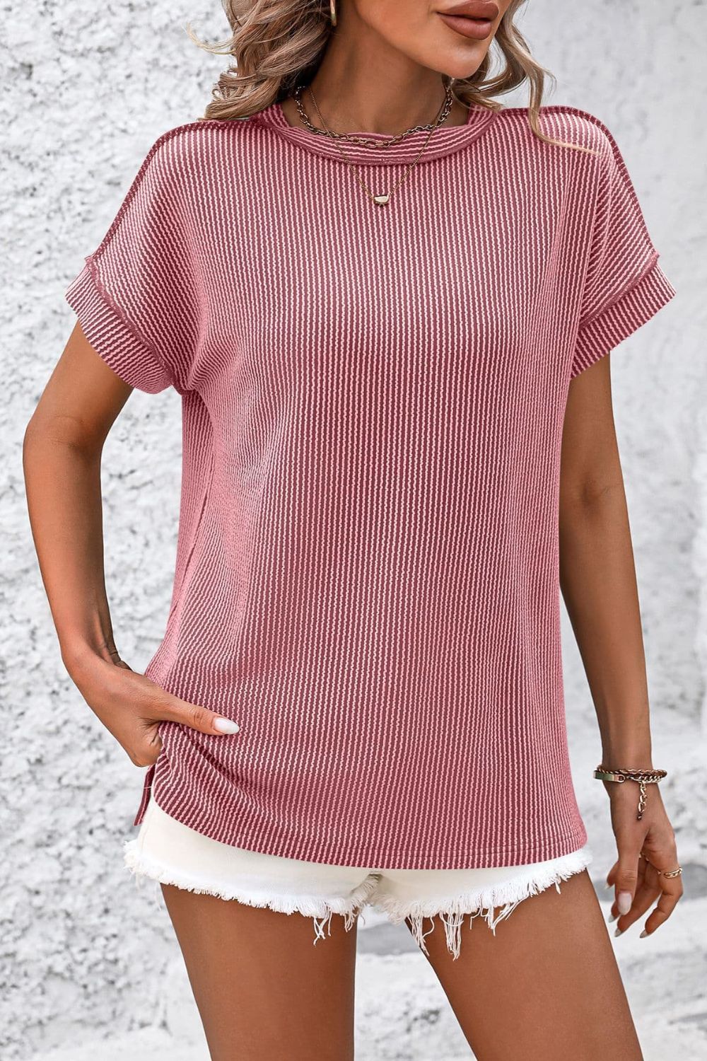 Striped Round Neck Short Sleeve T-Shirt - RebelReine Apparel & Co.