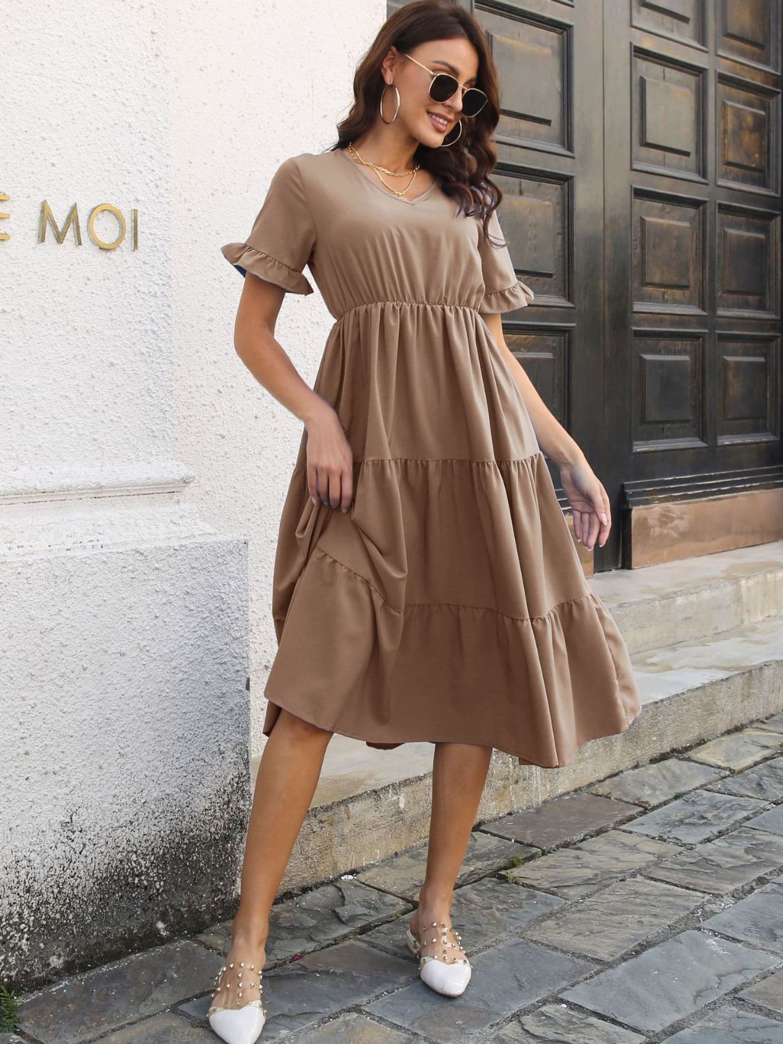 V-Neck Short Sleeve Midi Dress - RebelReine Apparel & Co.