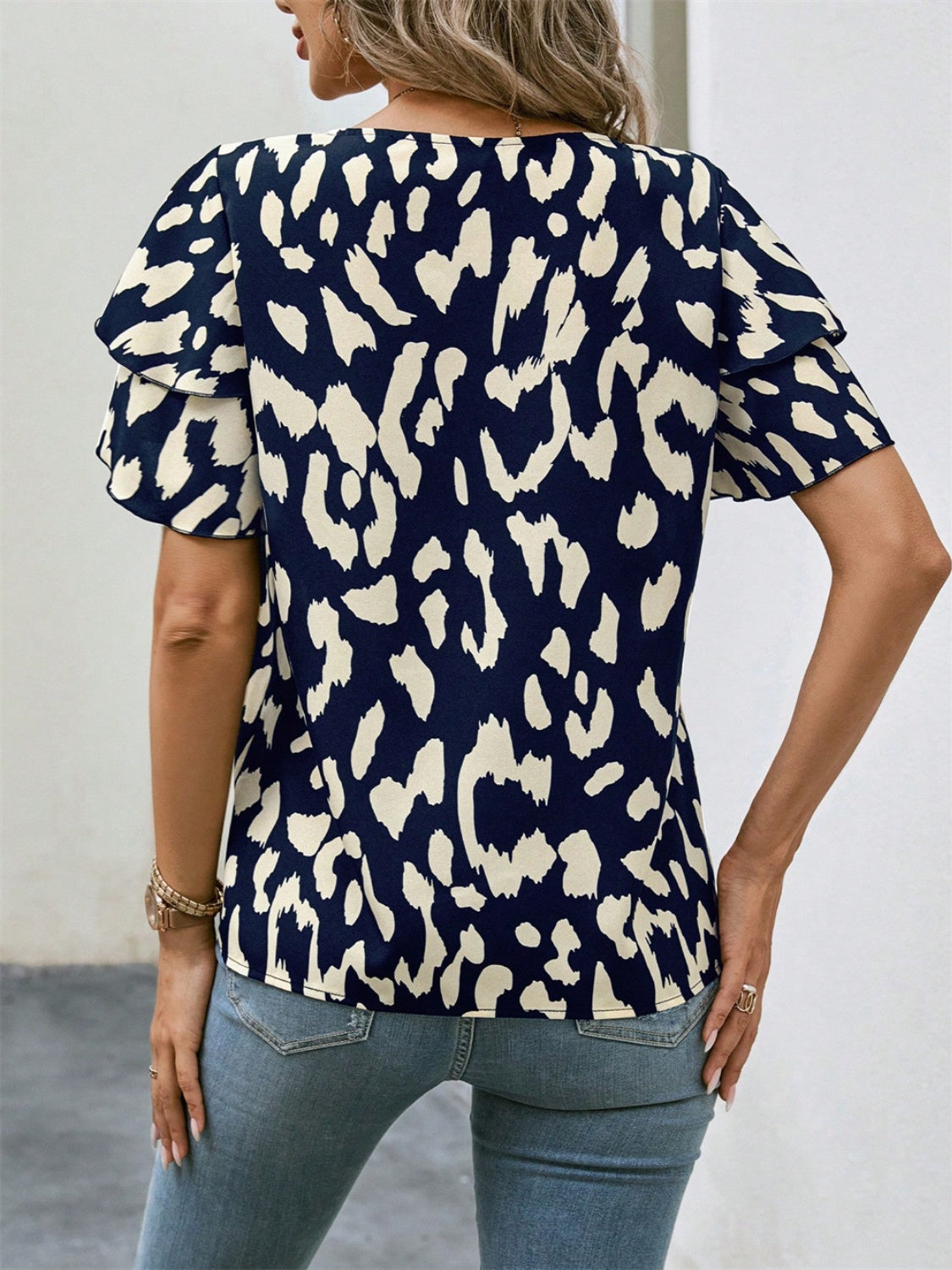 Ruffled Printed Round Neck Short Sleeve Blouse - RebelReine Apparel & Co.