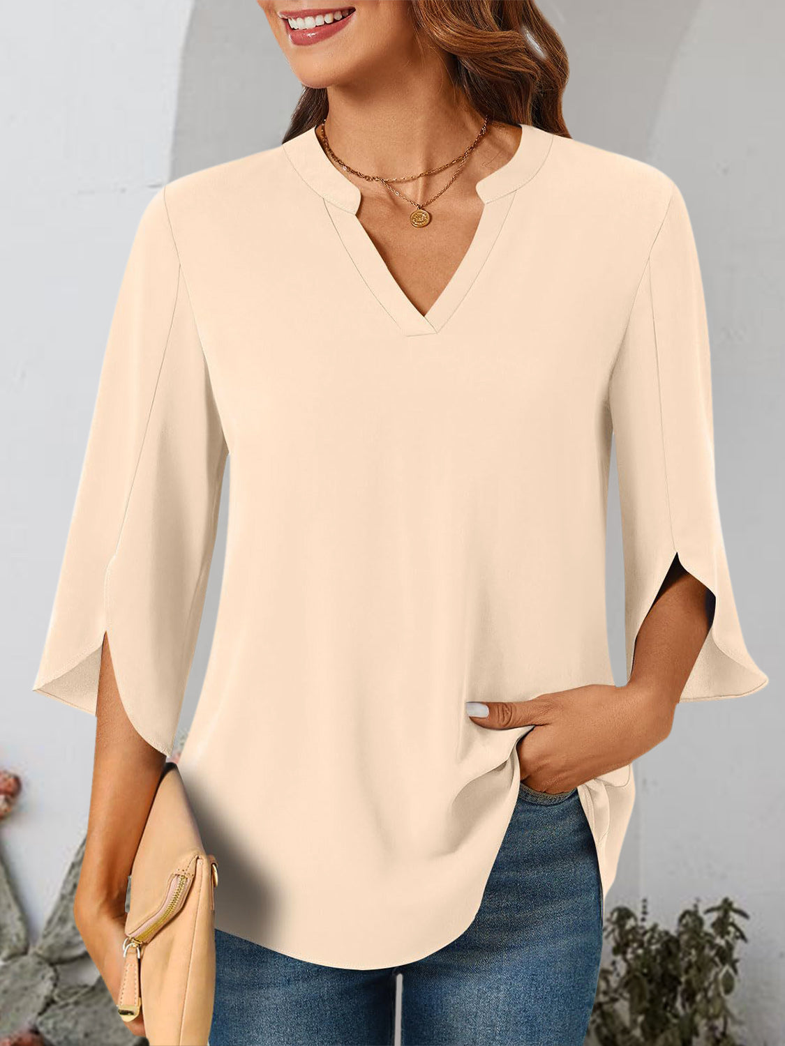 Notched Slit Half Sleeve Blouse - RebelReine Apparel & Co.