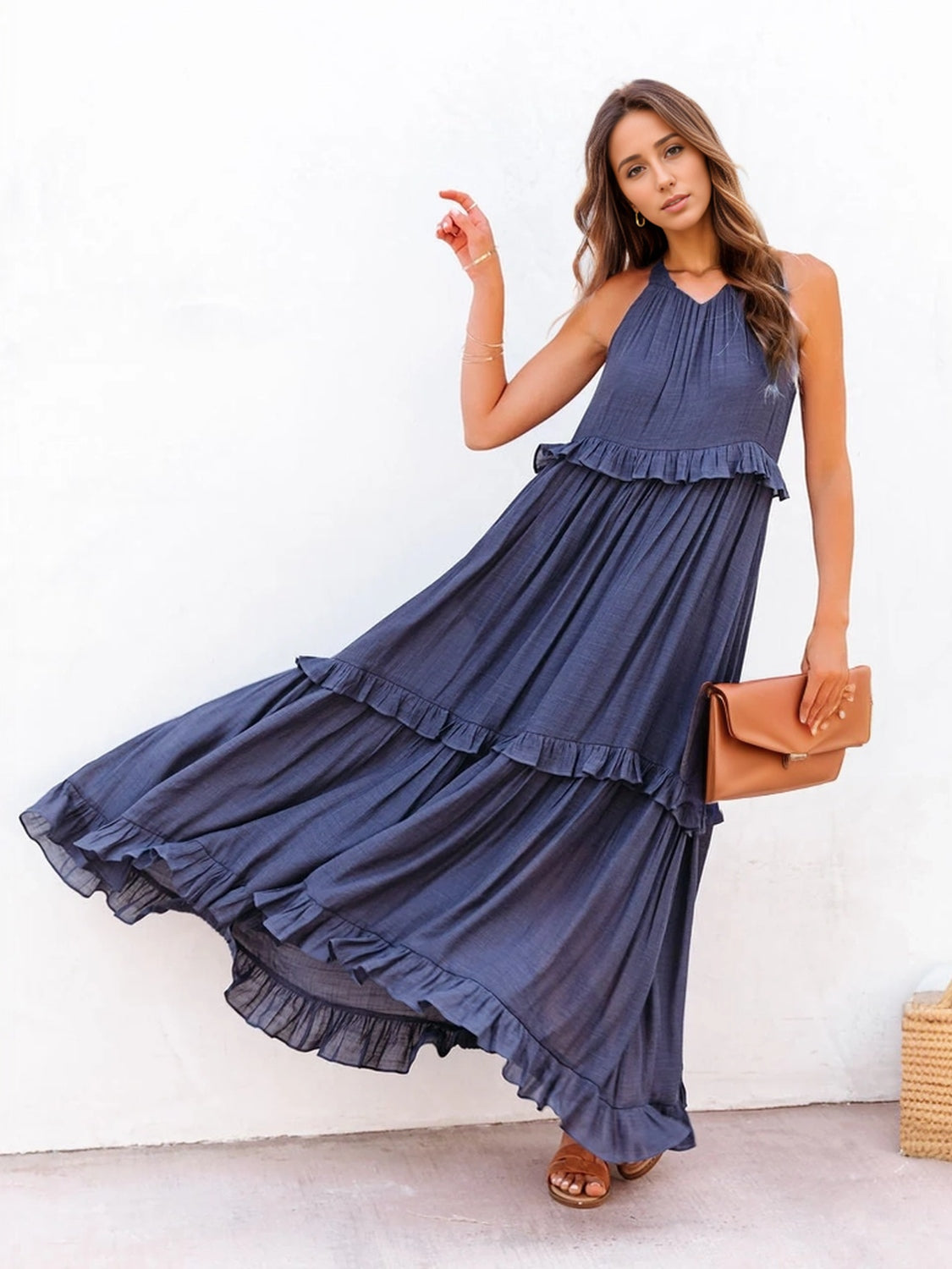 Ruffled Sleeveless Tiered Maxi Dress with Pockets - RebelReine Apparel & Co.