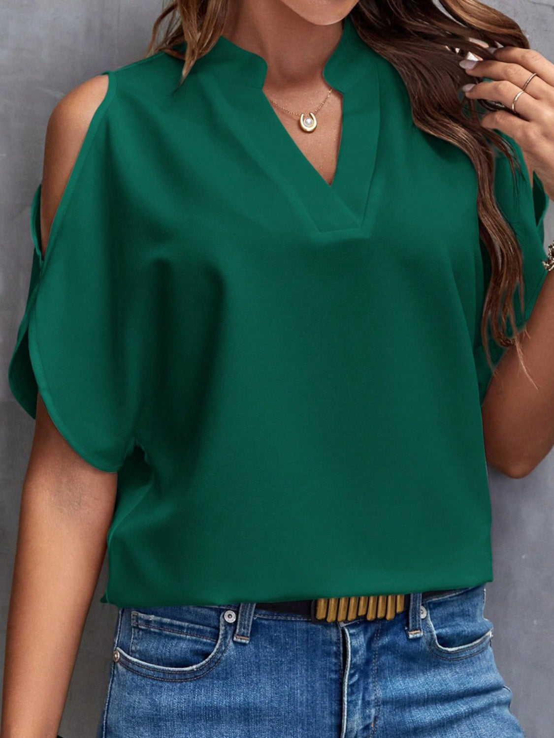 Notched Cold Shoulder Blouse - RebelReine Apparel & Co.