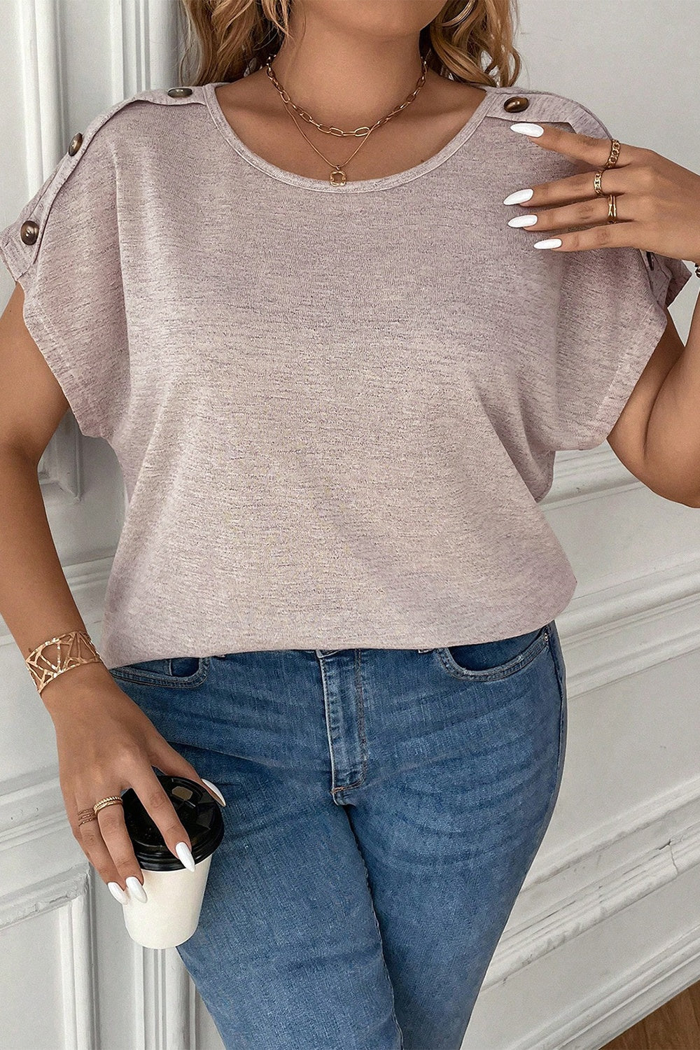 Plus Size Decorative Button Round Neck Short Sleeve T-Shirt - RebelReine Apparel & Co.