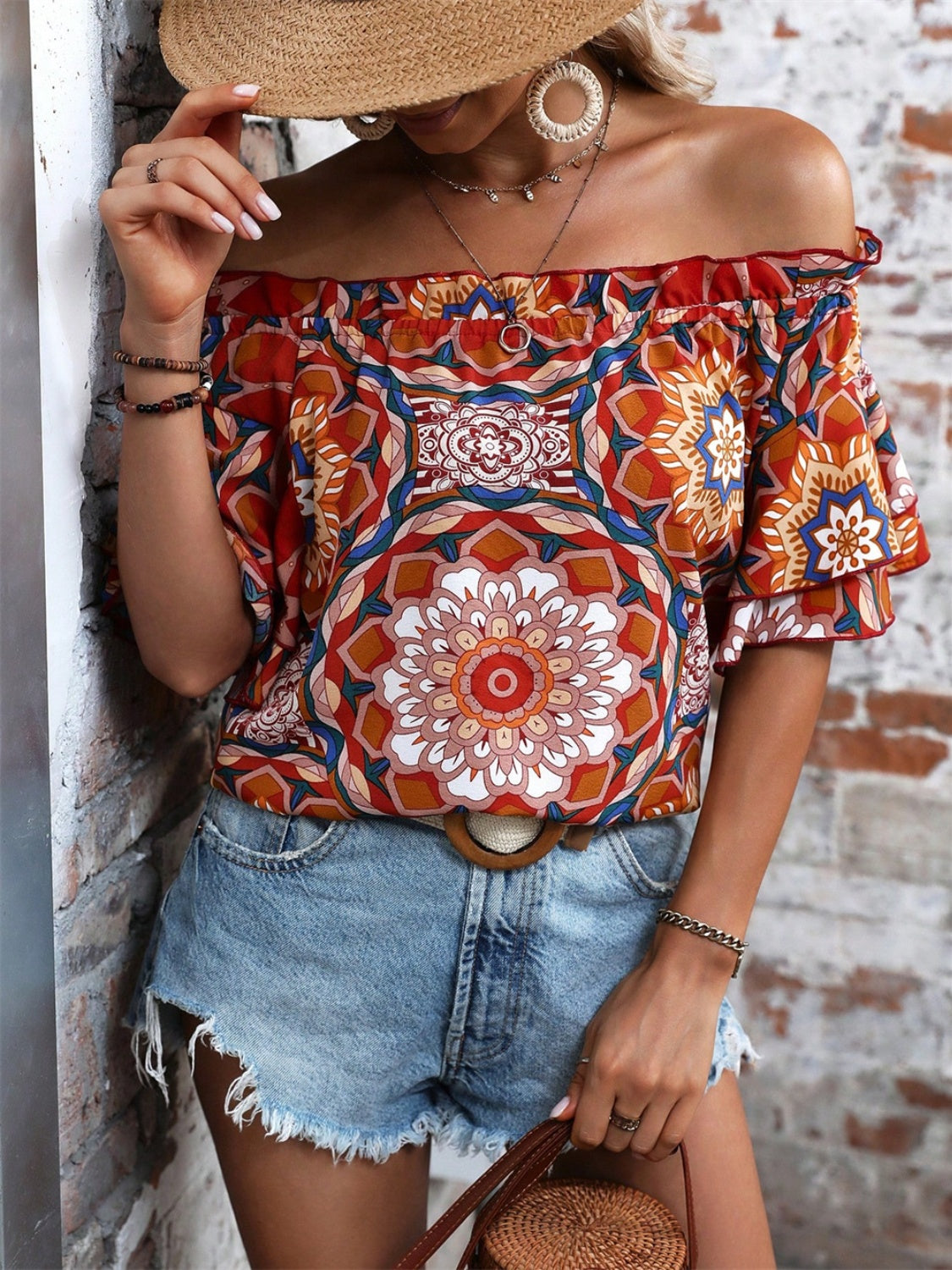 Printed Off-Shoulder Half Sleeve Blouse - RebelReine Apparel & Co.