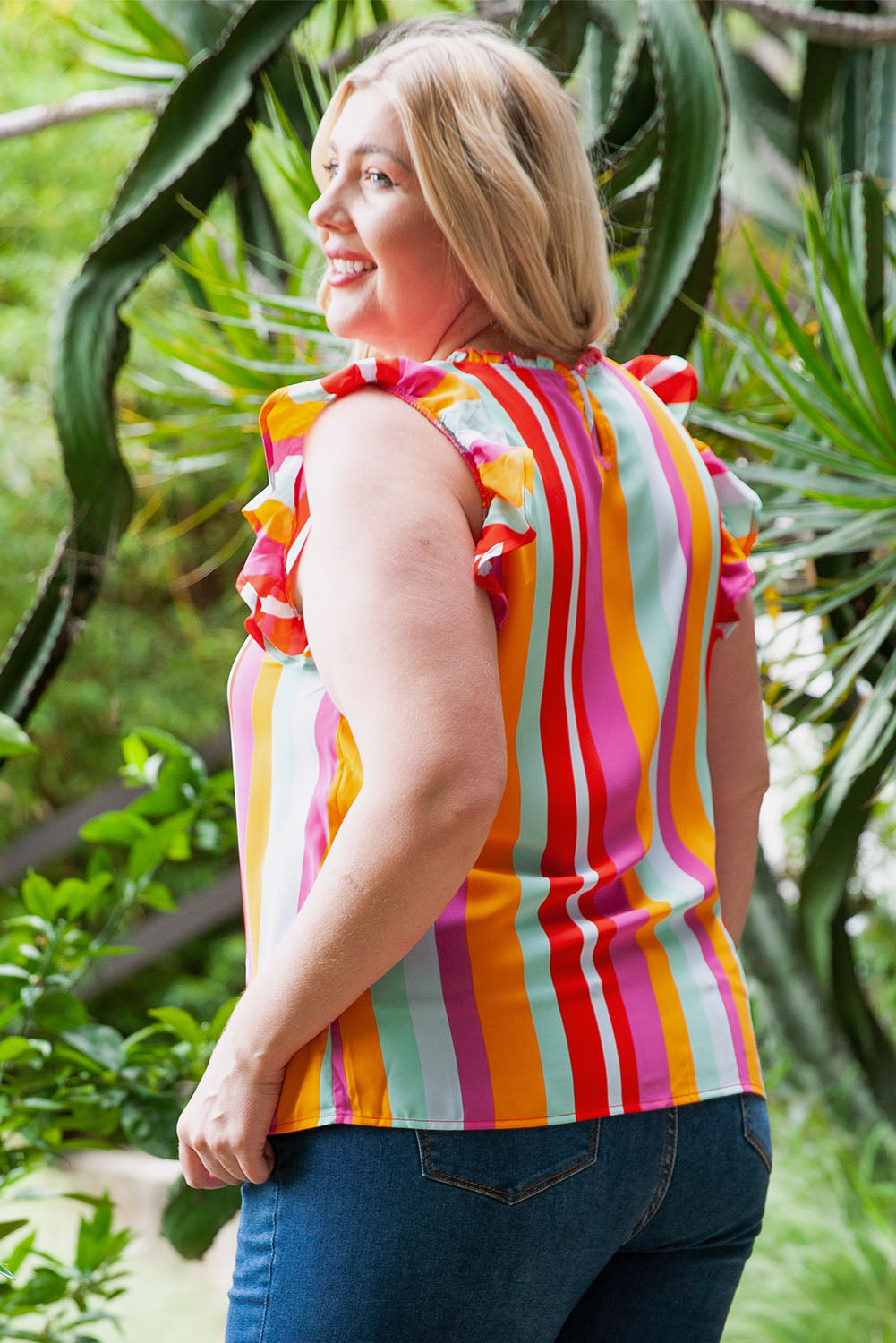 Plus Size Striped Round Neck Ruffled Tank - RebelReine Apparel & Co.