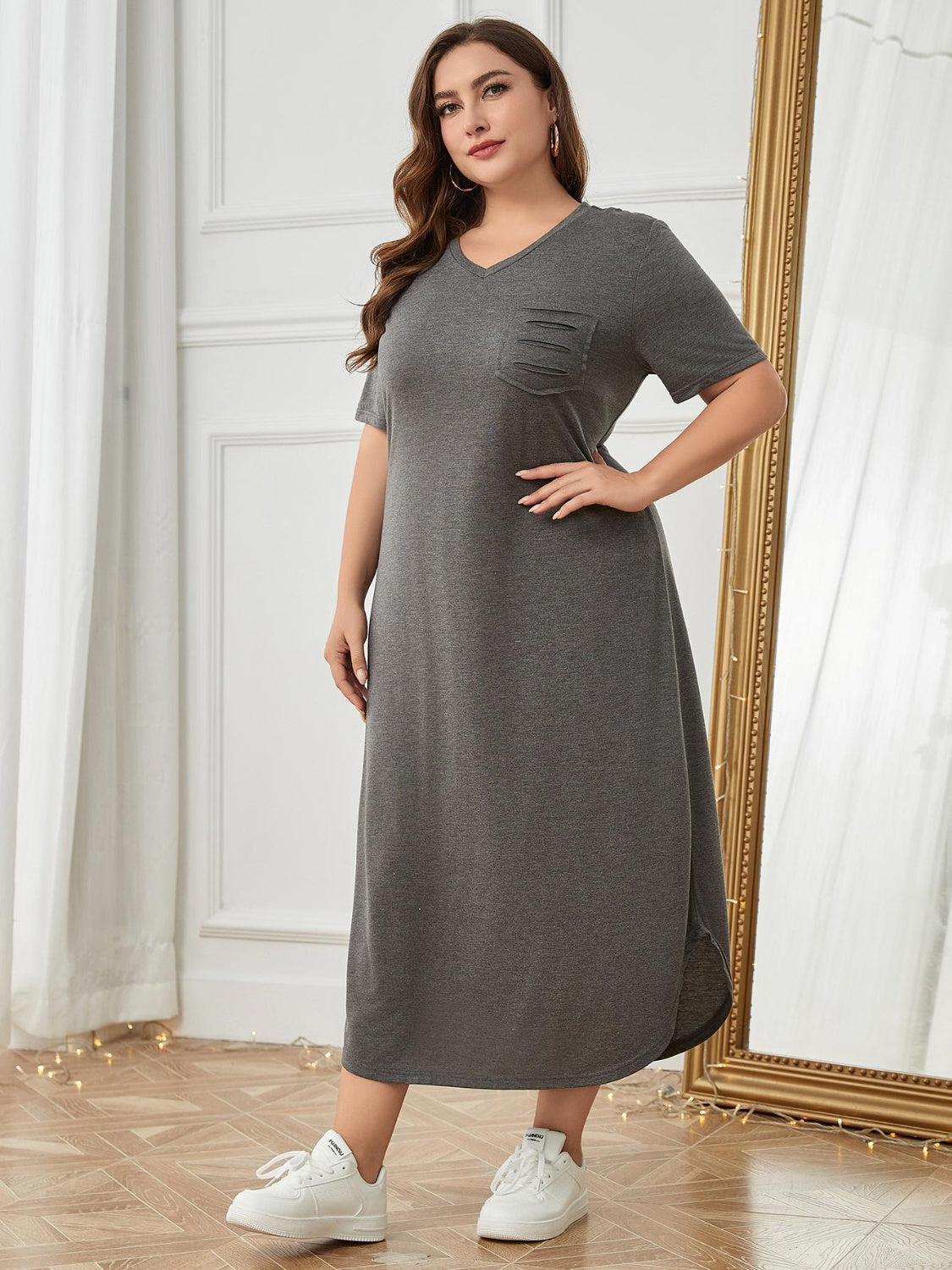 Plus Size Pocketed V-Neck Short Sleeve Lounge Dress - RebelReine Apparel & Co.