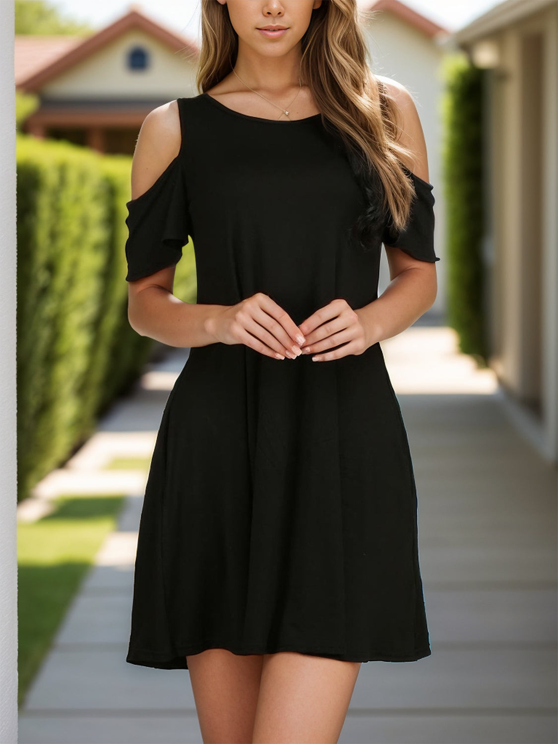 Round Neck Cold Shoulder Mini Dress - RebelReine Apparel & Co.