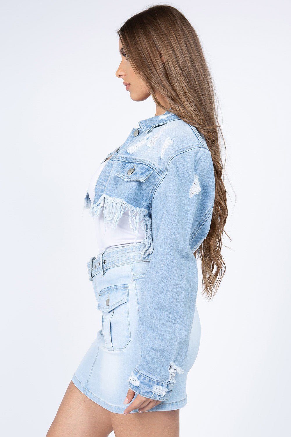 American Bazi Distressed Denim Jacket with Frayed Hem - RebelReine Apparel & Co.Trendsi