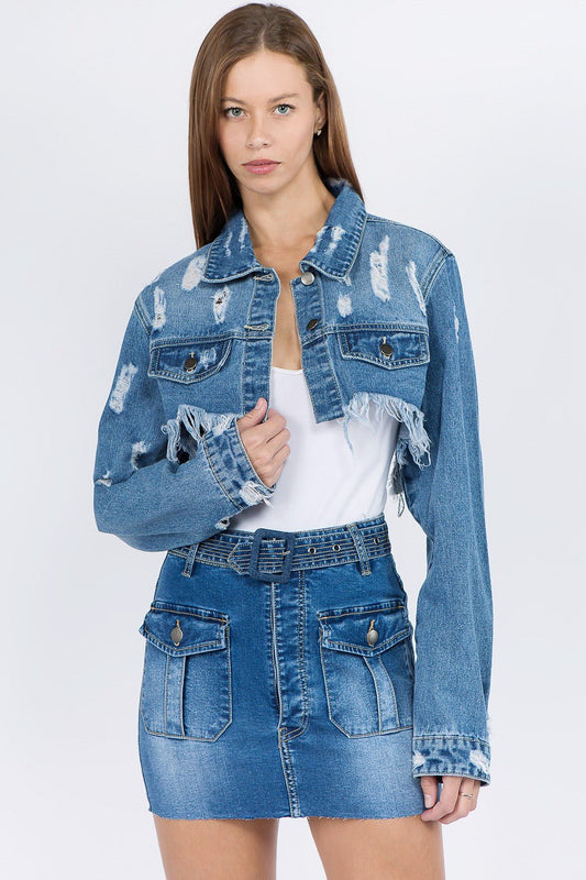 American Bazi Distressed Denim Jacket with Frayed Hem - RebelReine Apparel & Co.Trendsi