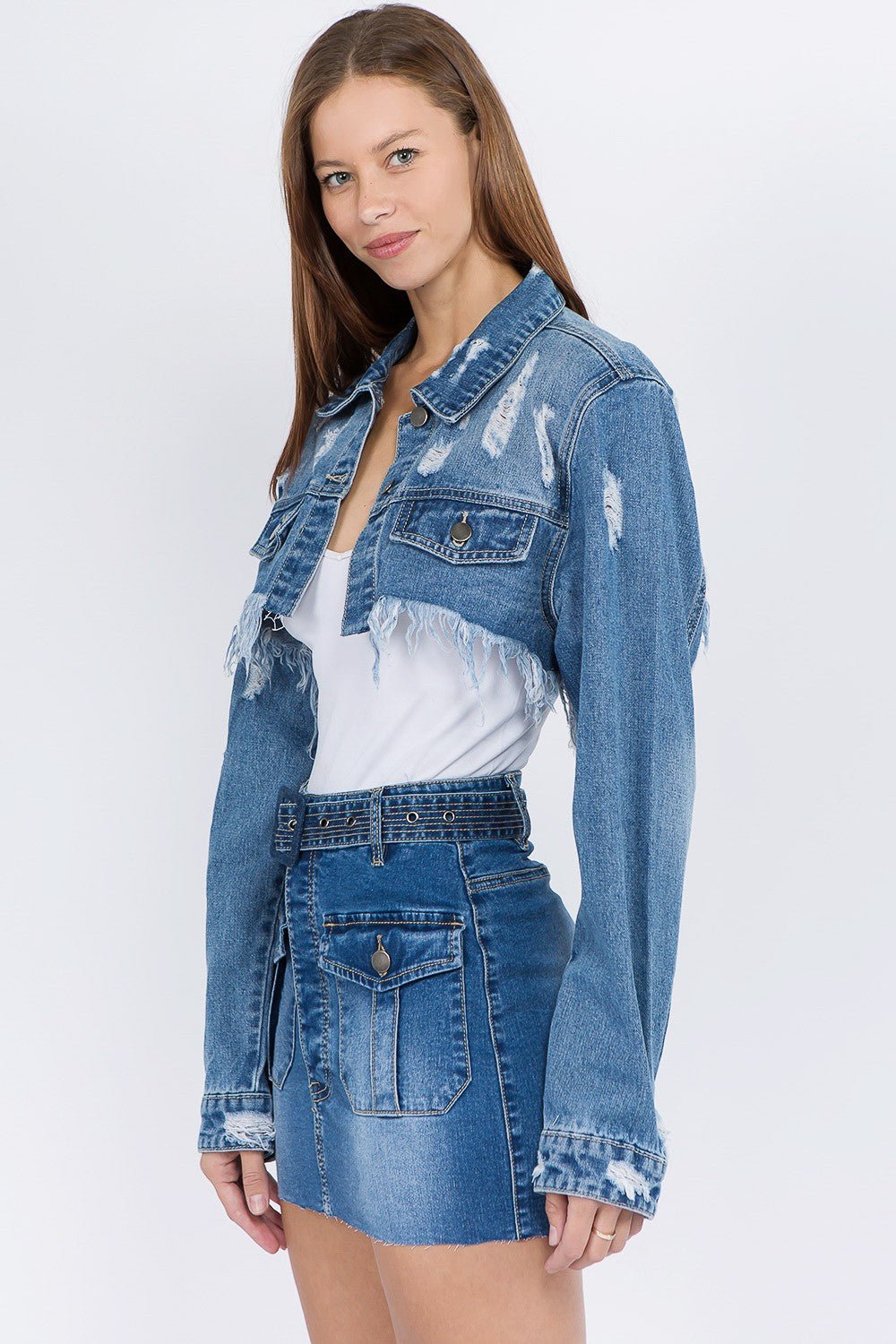 American Bazi Distressed Denim Jacket with Frayed Hem - RebelReine Apparel & Co.Trendsi