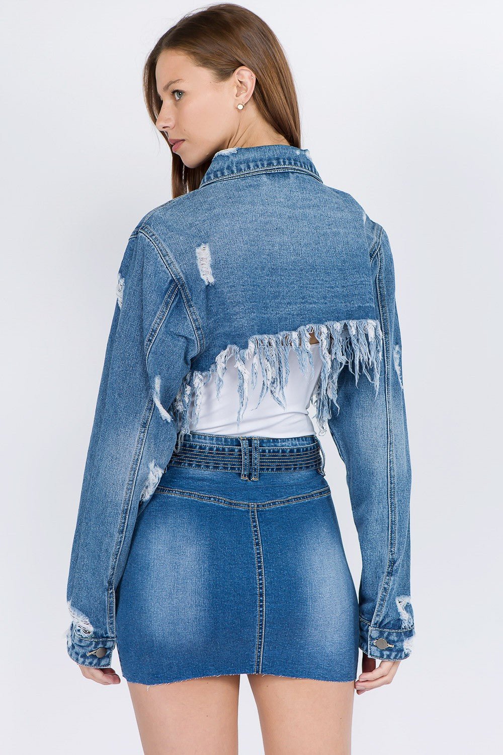 American Bazi Distressed Denim Jacket with Frayed Hem - RebelReine Apparel & Co.Trendsi