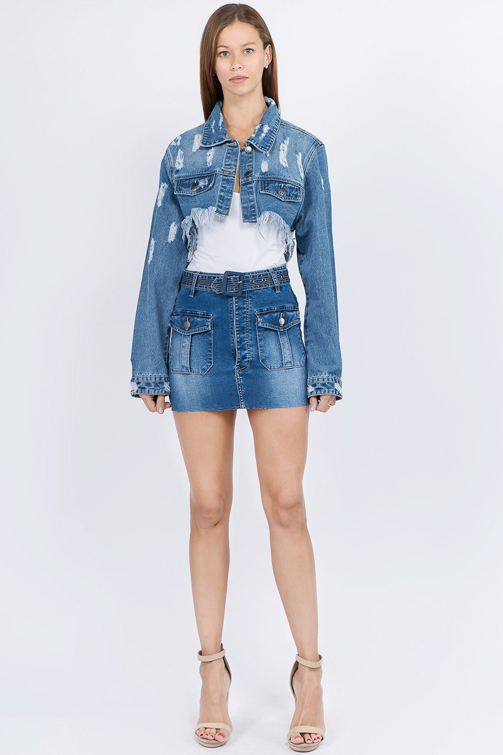 American Bazi Distressed Denim Jacket with Frayed Hem - RebelReine Apparel & Co.Trendsi