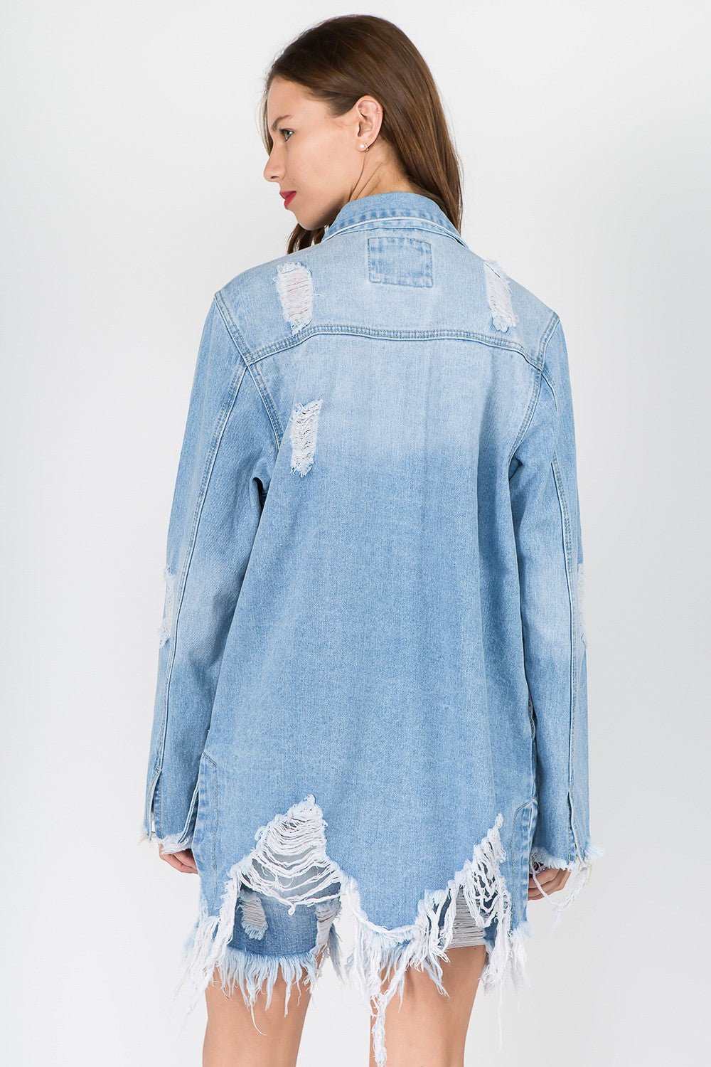 American Bazi Distressed Frayed Hem Denim Jacket - RebelReine Apparel & Co.Trendsi