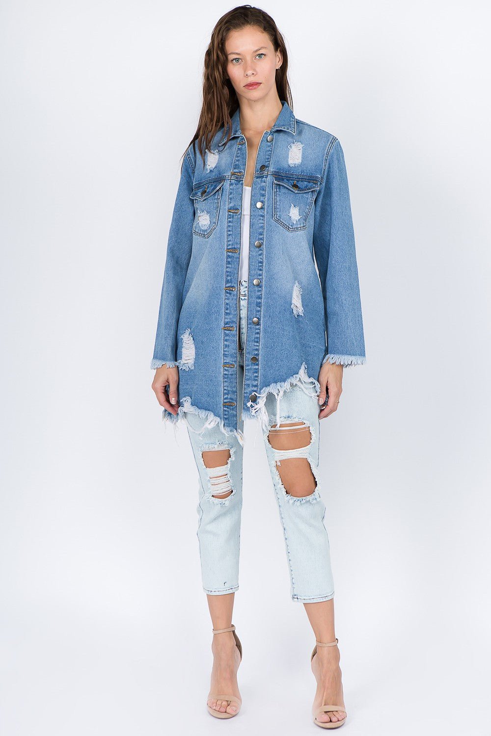 American Bazi Distressed Frayed Hem Denim Jacket - RebelReine Apparel & Co.Trendsi