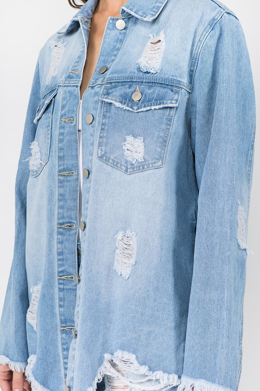 American Bazi Distressed Frayed Hem Denim Jacket - RebelReine Apparel & Co.Trendsi