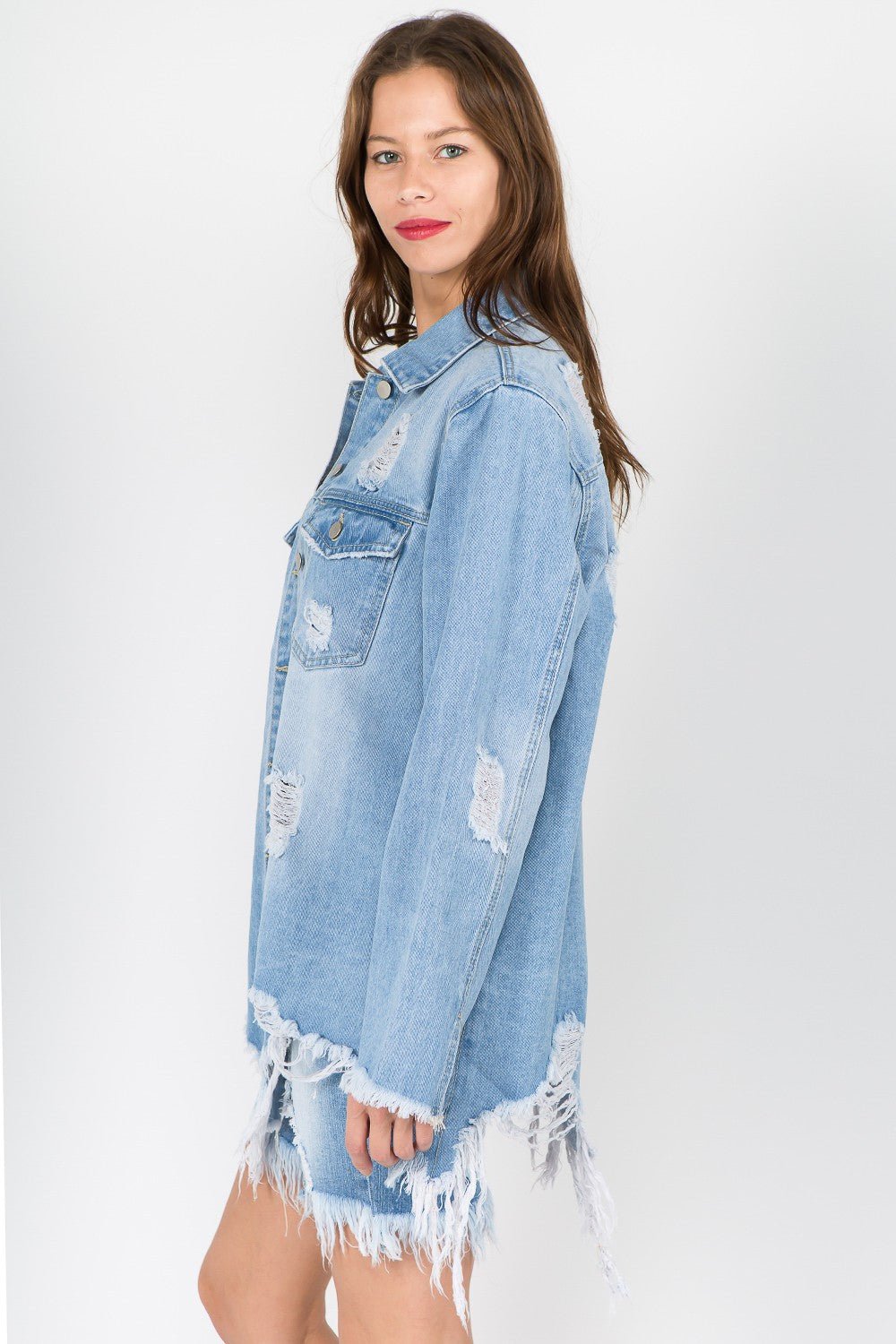 American Bazi Distressed Frayed Hem Denim Jacket - RebelReine Apparel & Co.Trendsi