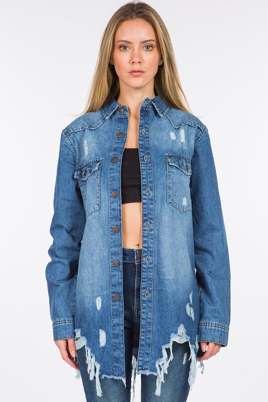 American Bazi Distressed Frayed Hem Denim Jacket - RebelReine Apparel & Co.Trendsi