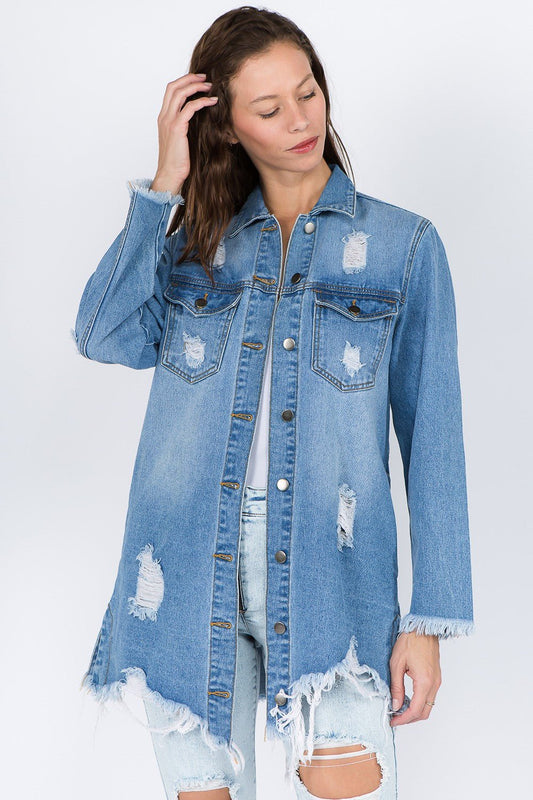 American Bazi Distressed Frayed Hem Denim Jacket - RebelReine Apparel & Co.Trendsi