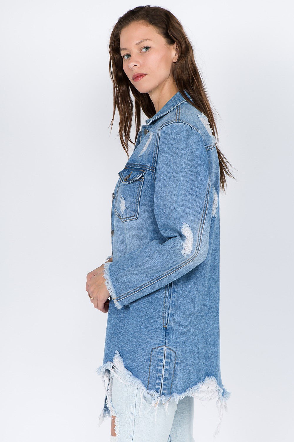 American Bazi Distressed Frayed Hem Denim Jacket - RebelReine Apparel & Co.Trendsi