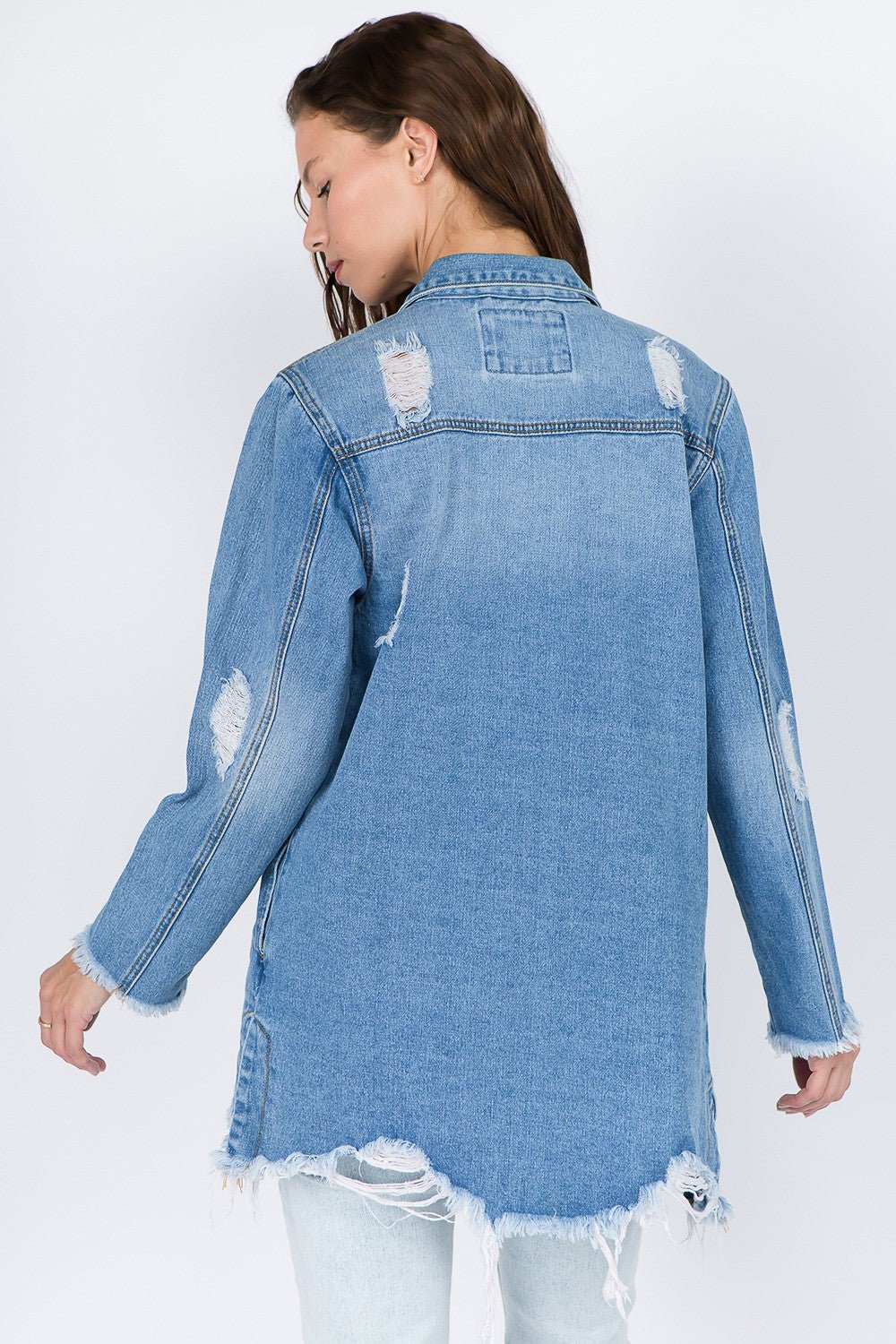 American Bazi Distressed Frayed Hem Denim Jacket - RebelReine Apparel & Co.Trendsi