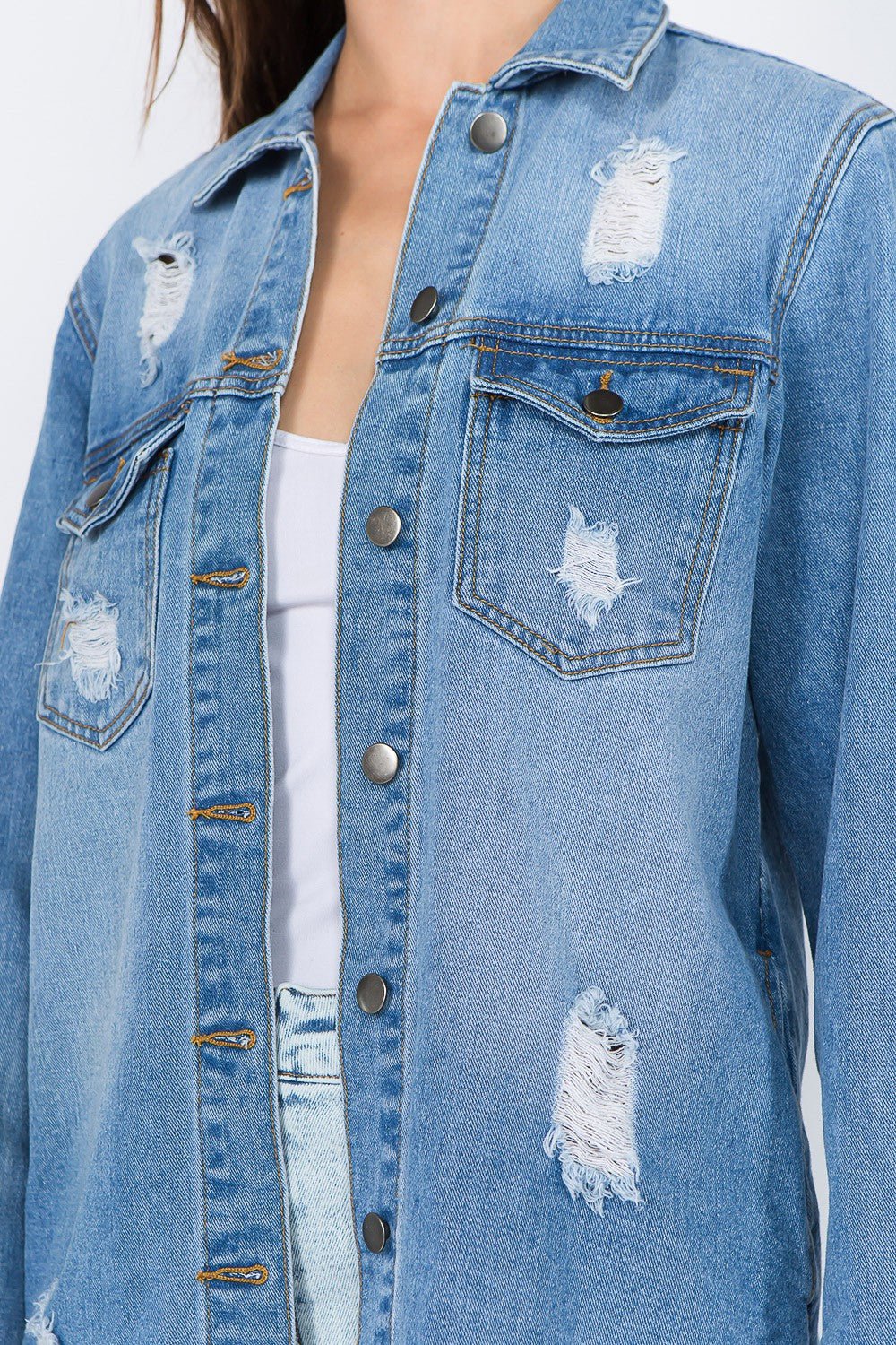 American Bazi Distressed Frayed Hem Denim Jacket - RebelReine Apparel & Co.Trendsi