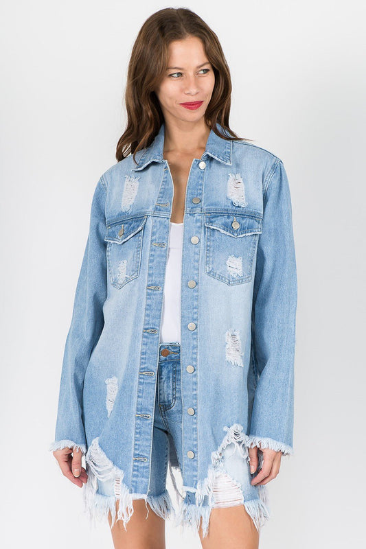 American Bazi Distressed Frayed Hem Denim Jacket - RebelReine Apparel & Co.Trendsi