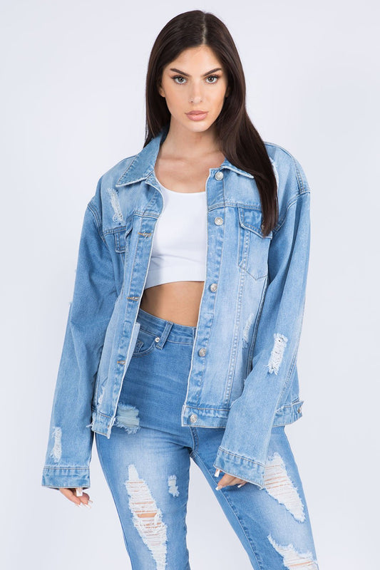 American Bazi Full Size Painted Back Distressed Denim Jacket - RebelReine Apparel & Co.Trendsi