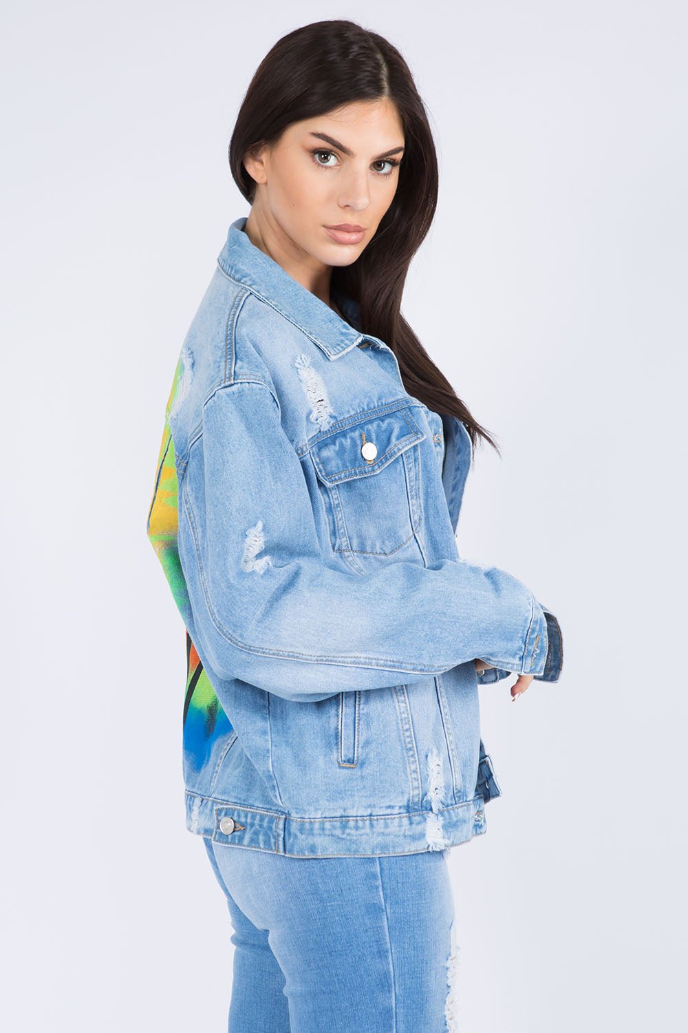 American Bazi Full Size Painted Back Distressed Denim Jacket - RebelReine Apparel & Co.Trendsi